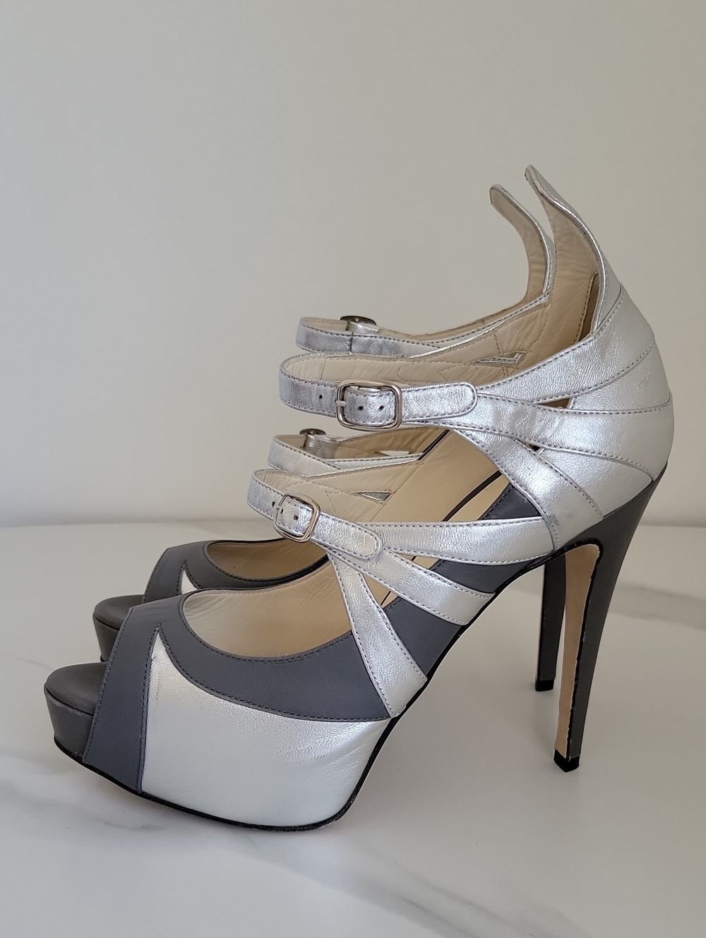 Brian Atwood Silver & Gray Two-Tone Leather Mary Jane High Heels